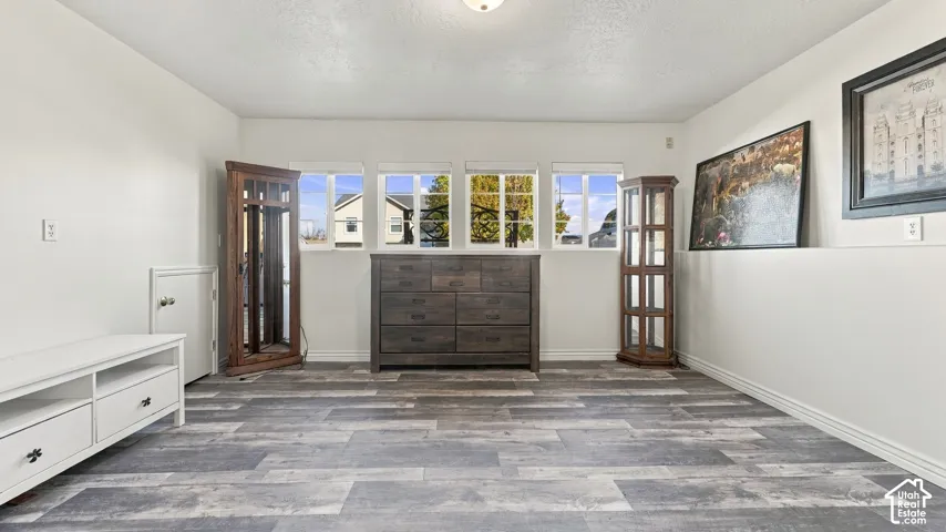 Interior room featuring wood-finish flooring, four multi-pane windows, and a flush-mount ceiling light fixture