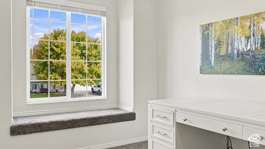 Built-in white cabinetry with drawers and a carpeted window seat positioned beneath a multi-pane grid window