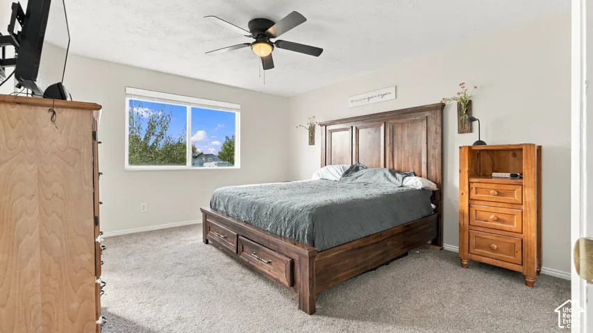 Neutral wall tones, carpeted flooring, sliding window with exterior view, and ceiling fan with integrated light fixture