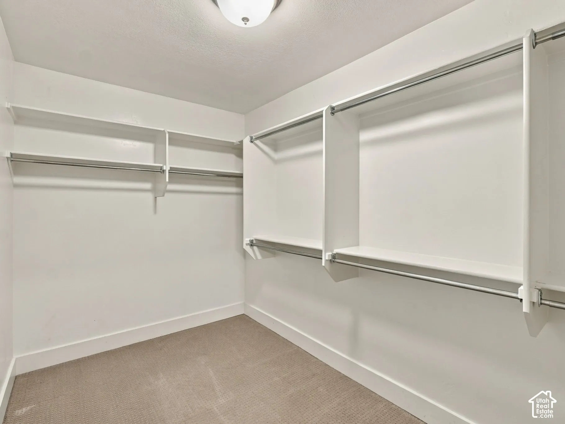 Walk-in closet featuring wall-to-wall carpeting, white built-in shelving, and dual-tier metal garment rods