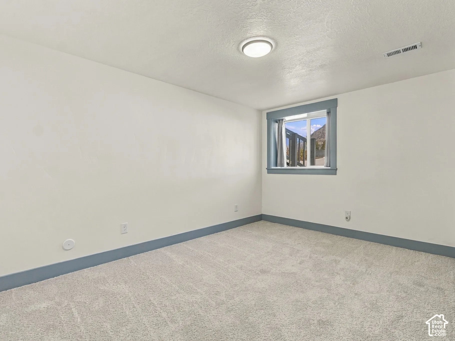 Interior room featuring neutral-toned carpeting, minimalist ceiling lighting, and blue-toned window and floor trim