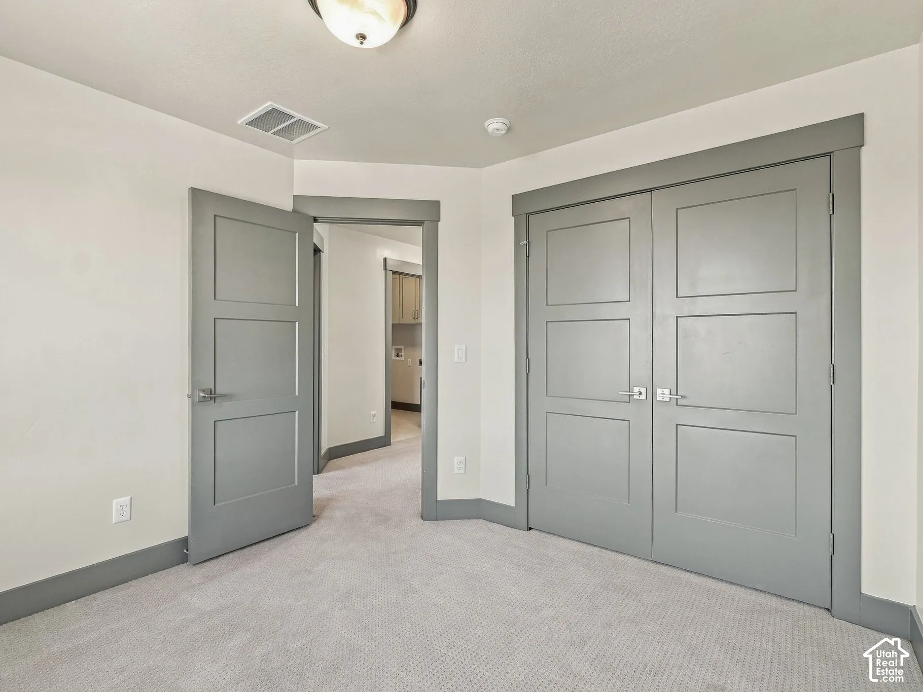 Neutral interior featuring three-panel gray doors, matching wide-profile door casing, plush wall-to-wall carpeting, and a flush-mount overhead light fixture