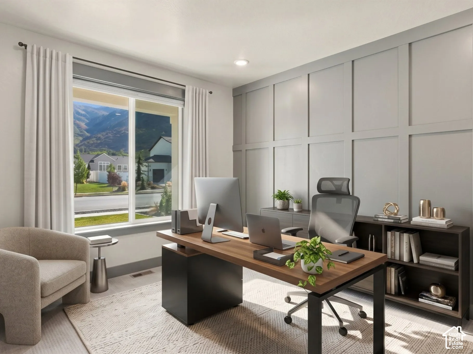 Floor-to-ceiling wainscoting accent wall, large-format window, and mountain scenery