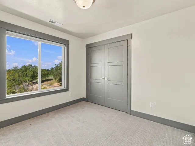 Room featuring neutral carpeting, double-panel doors with grey trim, a single-hung window with matching grey casing, and a flush-mount ceiling light fixture