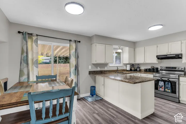 Kitchen featuring off-white cabinetry, stone-finish countertops, stainless steel appliances, wood-finish flooring, and a glass sliding door