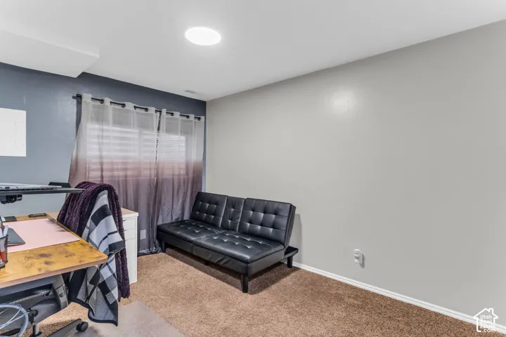 Neutral wall color palette, carpeted flooring, and recessed ceiling lighting