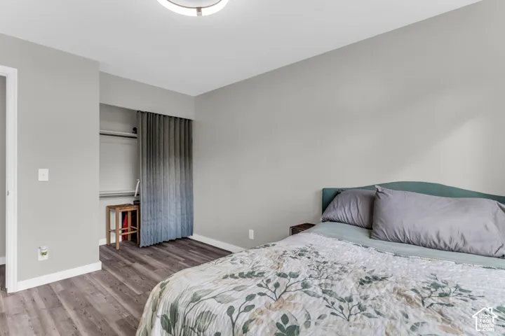 Neutral-toned walls, wood-finish flooring, and a recessed closet area featuring a sliding fabric door panel