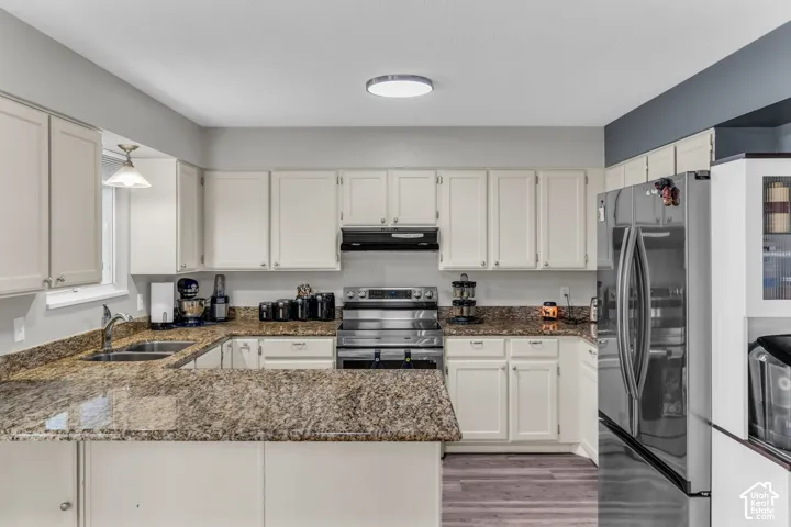 Kitchen featuring light-toned cabinetry, stone-surface countertops, stainless steel appliances, a dual-basin sink, and wood-finish flooring