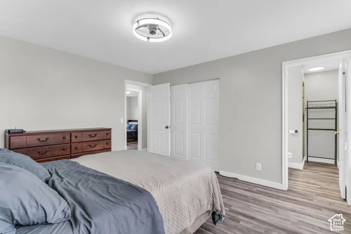 Neutral-toned walls, wood-finish flooring, dual-panel closet doors, and a modern circular flush-mount ceiling light fixture