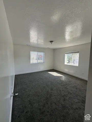 Neutral-toned interior space featuring dark wall-to-wall carpeting, crisp white walls, dual windows with integrated blinds, and a central flush-mount light fixture