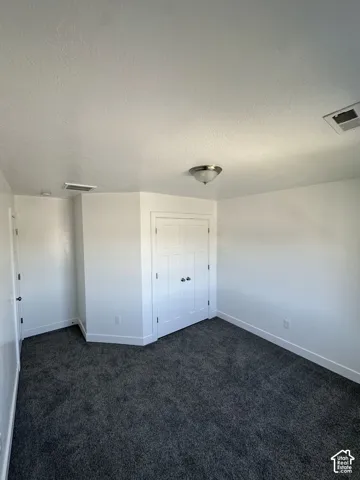 Neutral interior room featuring plush carpeting, dual-panel closet doors, and a central dome-style light fixture