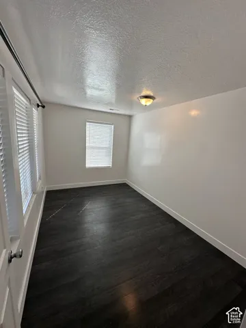 Interior room featuring dark wood-finish flooring, neutral wall paint, three windows with horizontal blinds, and a central flush-mount ceiling light fixture