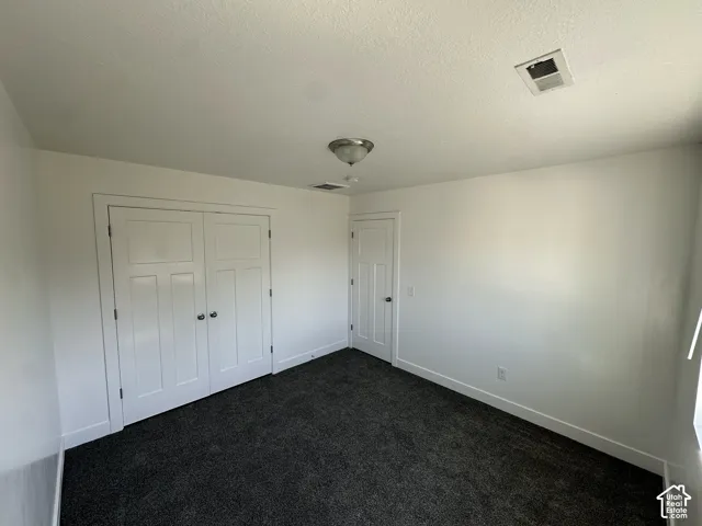 Neutral-toned interior space featuring dark wall-to-wall carpeting, white walls, two-panel shaker-style closet doors, and a single-panel interior door