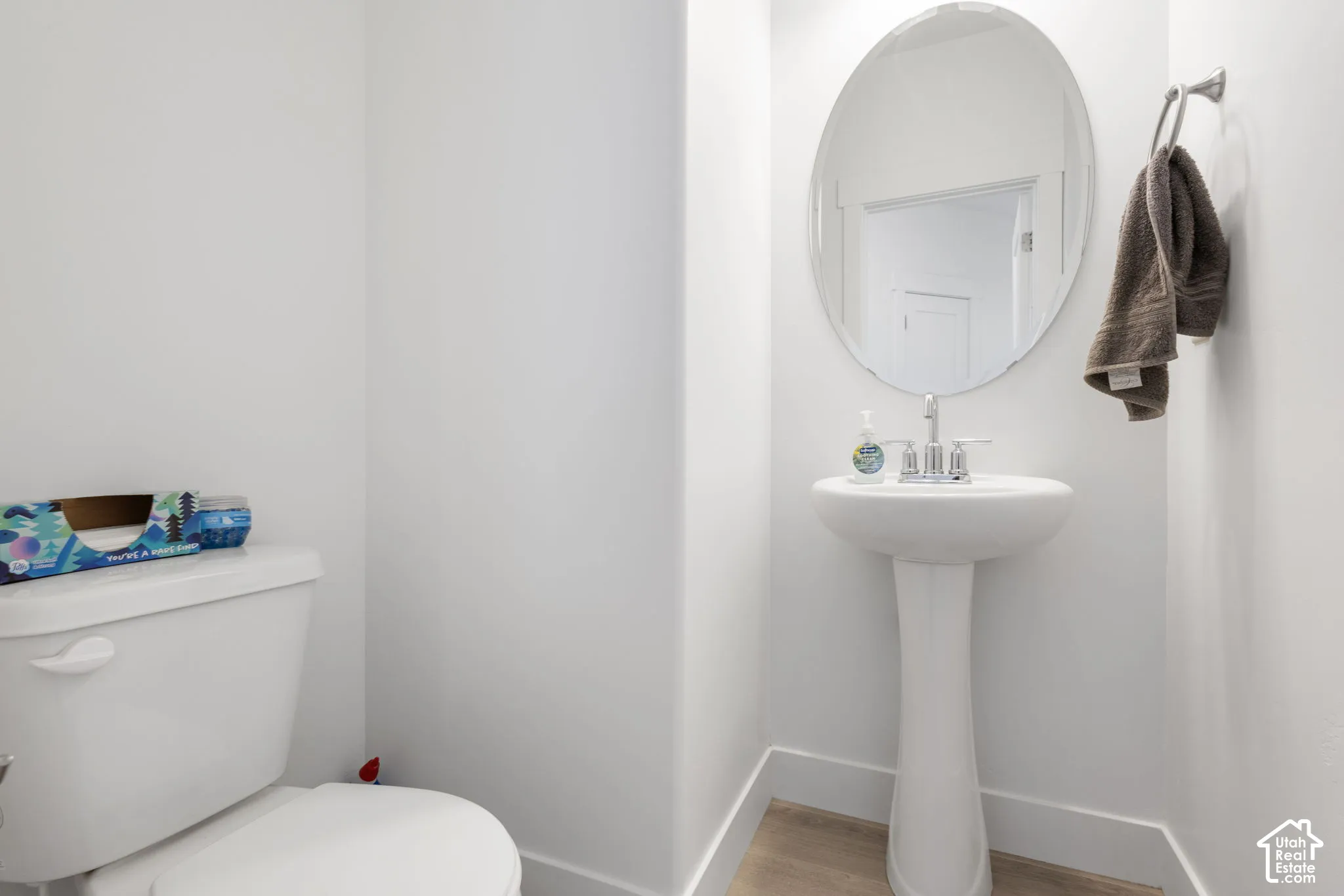 Pedestal sink featuring a polished chrome faucet, oval wall-mounted mirror, and wood-finish flooring
