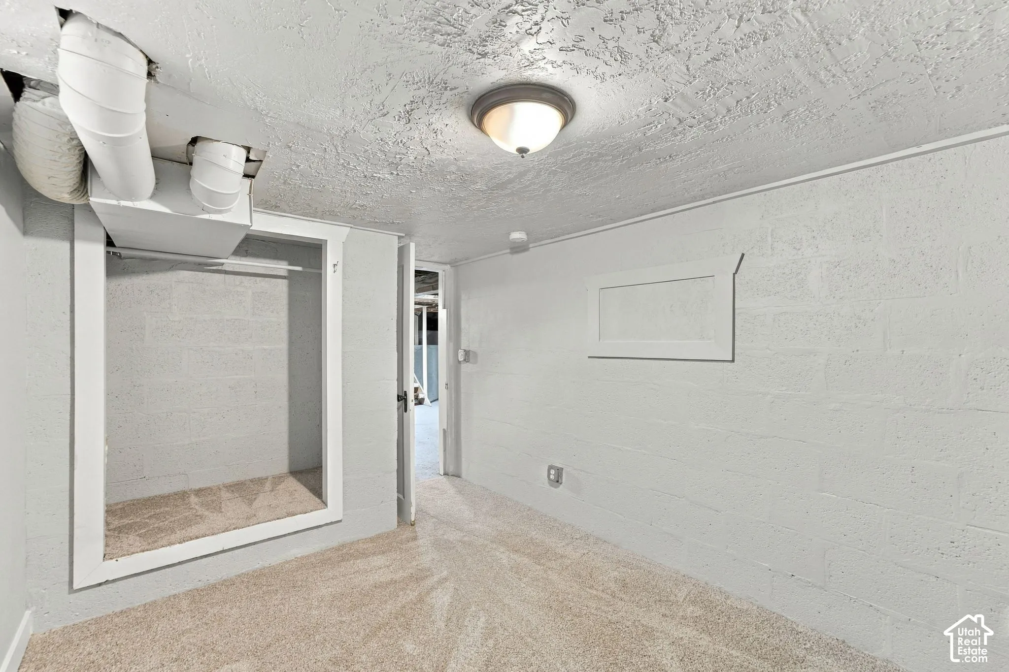 Finished space featuring neutral-toned carpeting, white-painted masonry walls, textured ceiling, and built-in closet storage