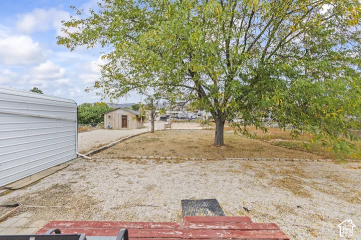 Expansive lot featuring a mature shade tree, gravel grounds, and a detached storage structure