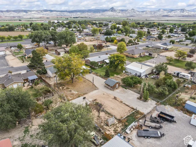 Aerial perspective featuring expansive open lot, mature trees, detached storage structure, and prominent mountain backdrop