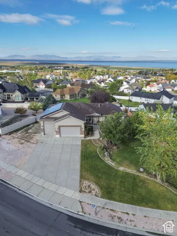 Single-level residence featuring a multi-car garage, roof-mounted solar panels, concrete driveway, and landscaped front yard with mature trees