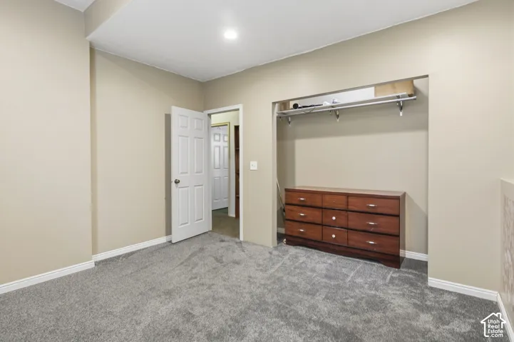 Room featuring neutral wall paint, wall-to-wall carpeting, an open-closet space with an integrated metal shelving rod, and a six-panel interior door