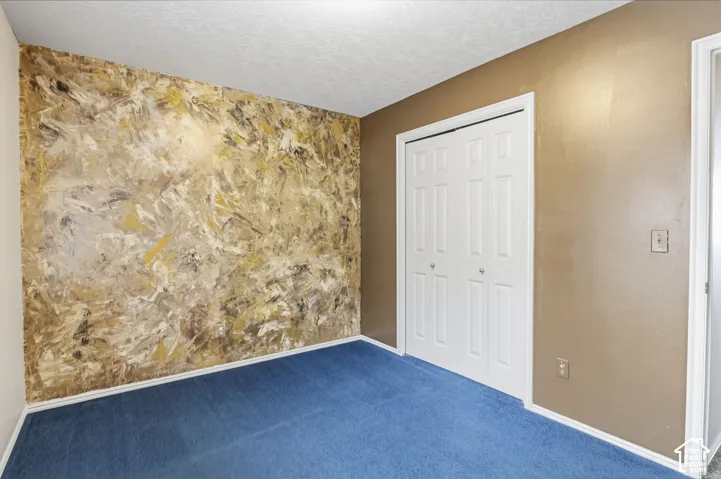 Room interior featuring textured accent wall, blue carpeting, and dual-panel white closet doors