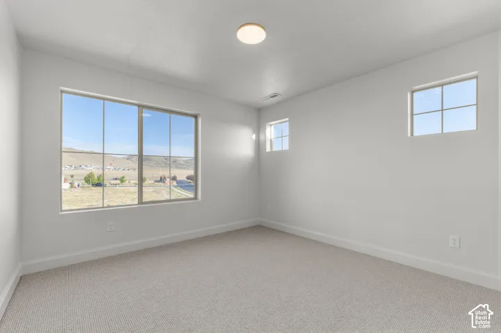 Neutral-toned interior space featuring light-colored wall-to-wall carpeting, expansive sliding window with multi-pane grid detailing, two additional square windows, and a flush-mount ceiling light fixture