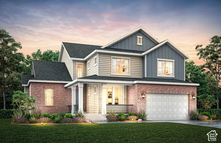 Two-story exterior featuring a mix of red brick and horizontal siding, vertical board-and-batten accents, a covered front porch with metal railing, and a multi-gabled roofline