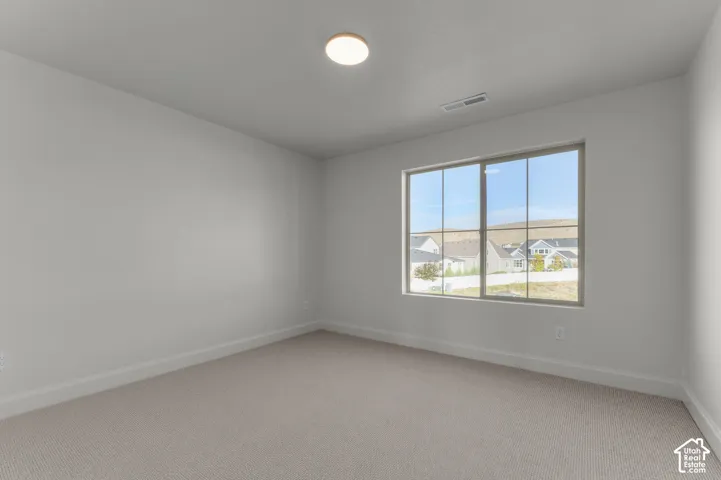 Neutral-toned carpeted flooring, flush-mount overhead lighting, and a large sliding window with grid detailing