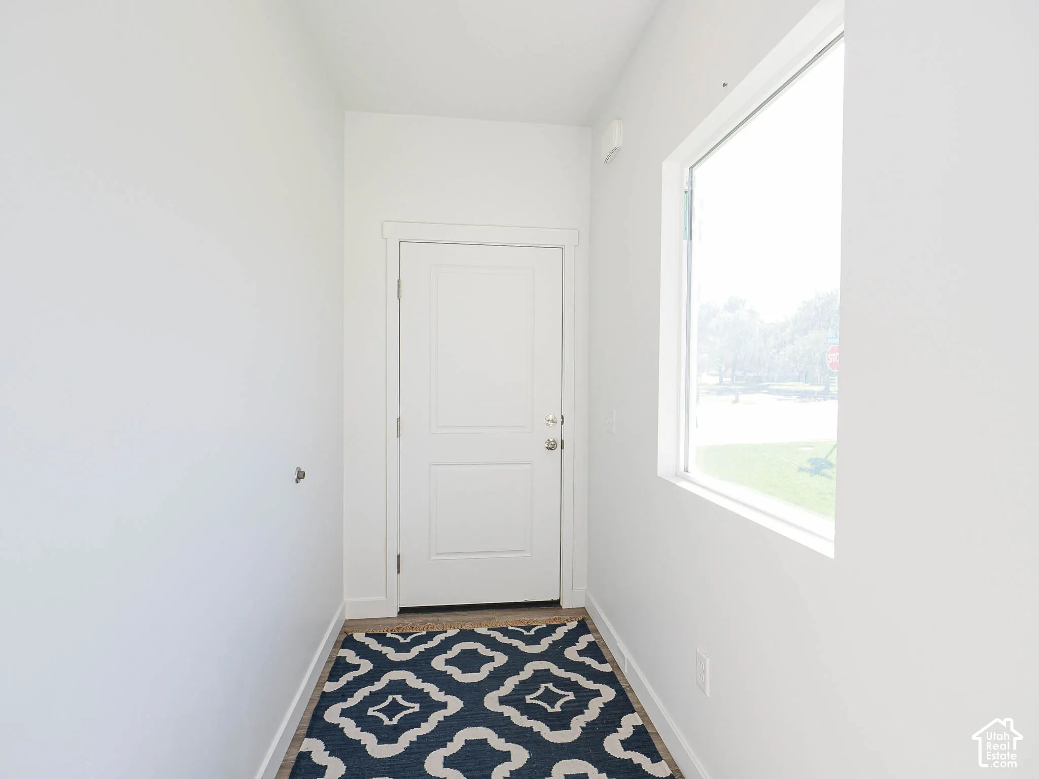 Entryway featuring a white paneled door, wood-finish flooring, and a large window