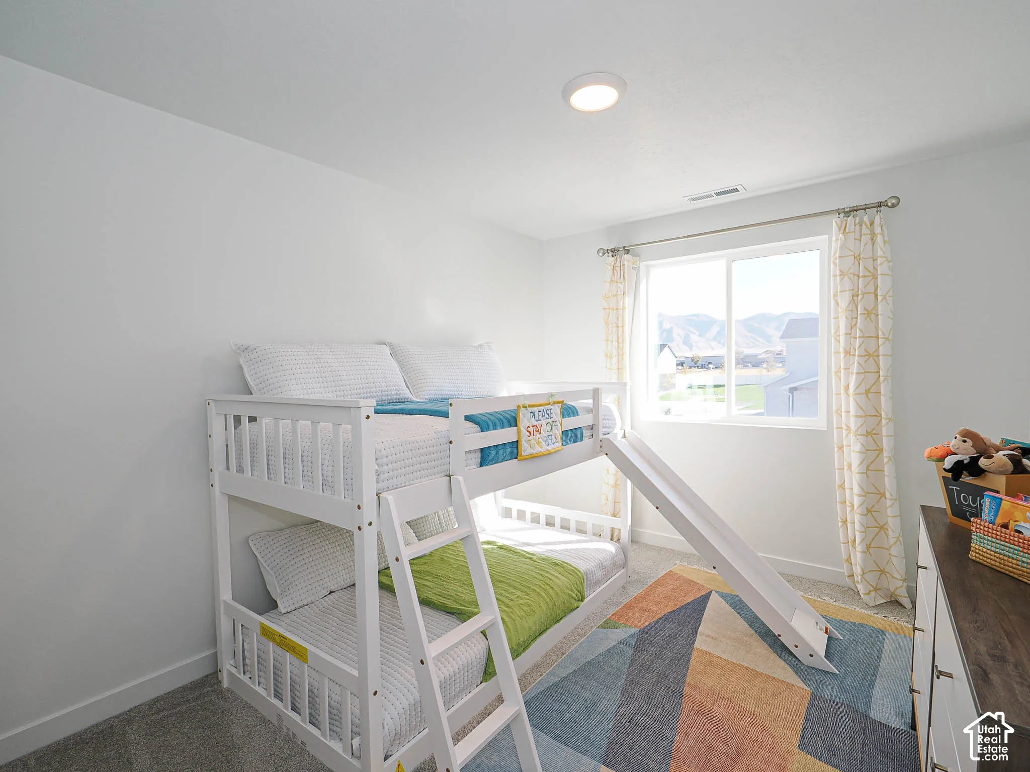 Neutral wall color, carpeted flooring, flush-mount ceiling light, and window with exterior mountain scenery