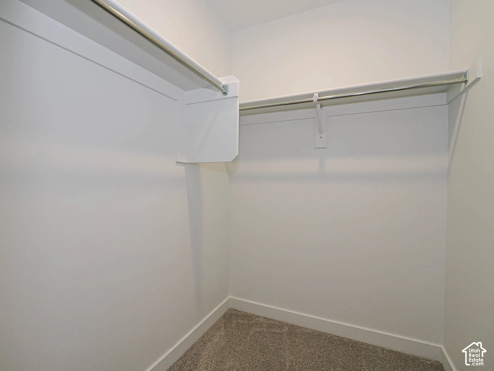 Walk-in closet featuring dual-level metal garment rods, white shelving, and neutral carpeting