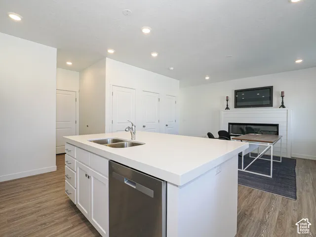 Kitchen island with stone countertop, stainless steel double-basin sink, integrated dishwasher, recessed lighting, and white shiplap fireplace surround