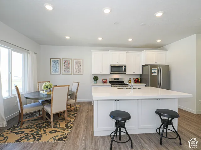 Kitchen featuring white cabinetry, quartz countertops, a central island with dual-basin sink, recessed lighting, and wood-finish flooring