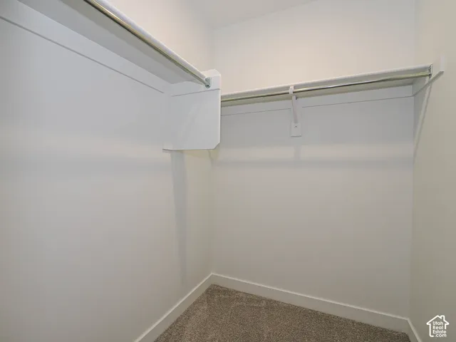 Walk-in closet featuring dual-level metal garment rods, white shelving, and neutral carpeting