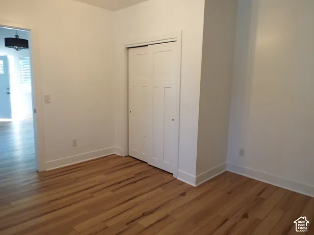 Interior space featuring wood-finish flooring and a white shaker-style sliding closet door