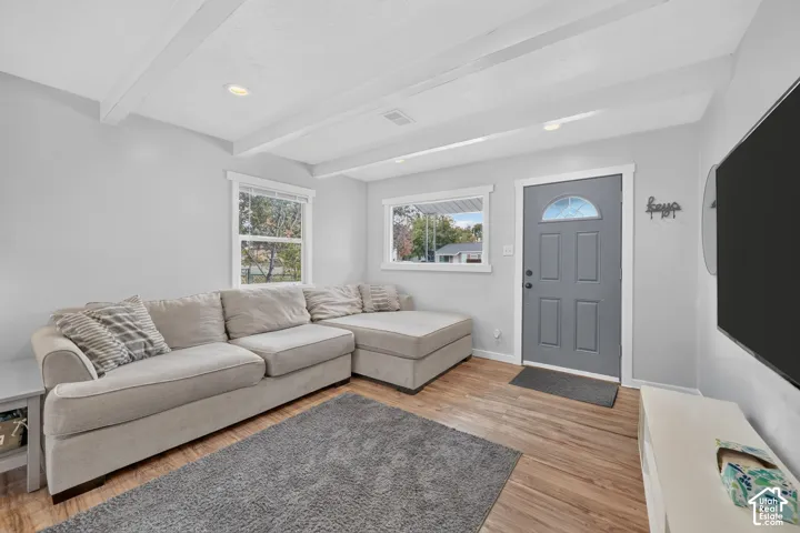 Another view of the living room, with the front door and a wide front window beside the sectional.