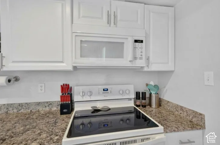 The smooth-top electric range sits under the microwave, with granite counters on both sides for prep space.