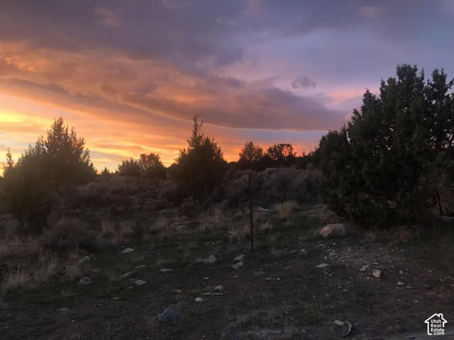 Expansive acreage featuring native shrubbery, mature trees, and natural rock outcroppings under a sunset sky