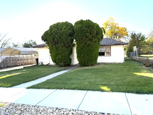 Single-story exterior with light-colored siding, concrete walkway, metal carport, and a front lawn