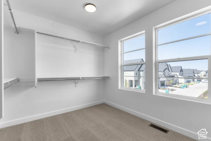 Walk-in closet featuring dual-tier wire shelving and carpeted flooring, illuminated by two large windows