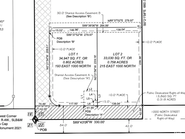 Survey Plat, Subdivision Map. Outlining the parcel boundaries, easements, and public dedicated rights-of-way associated with the property