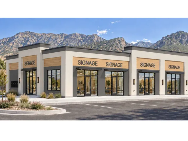 Commercial retail center featuring a modern stucco and wood-panel facade, expansive floor-to-ceiling glass storefronts, dedicated paved parking area, and a prominent mountain backdrop