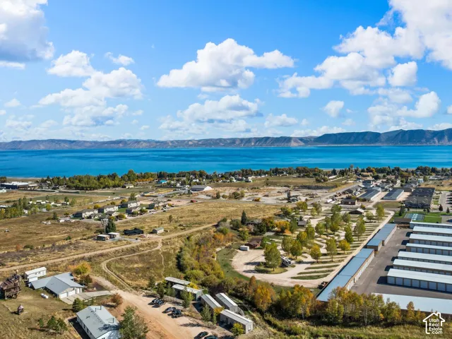 Aerial perspective of expansive land featuring proximity to a large body of water, mature trees, mountain backdrop, and multiple structures