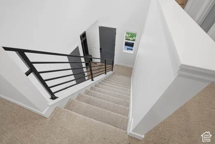 Staircase featuring wall-to-wall carpeting and a horizontal matte black metal railing