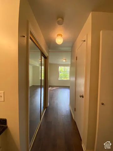 Hallway featuring wood-finish flooring, mirrored sliding closet doors, flush-mount globe lighting, and solid-core doors
