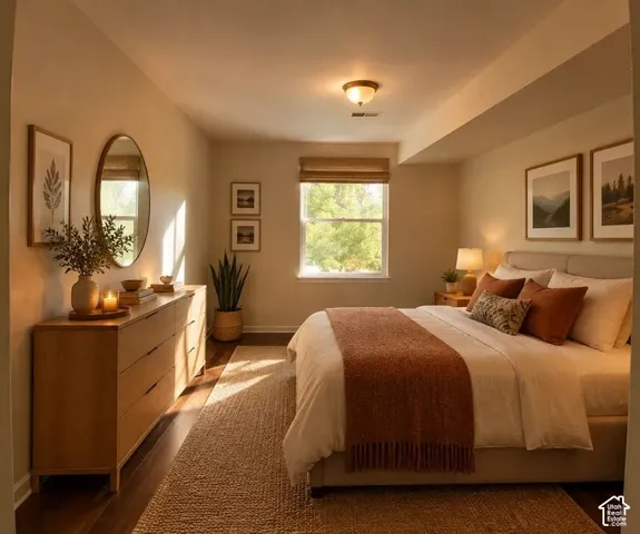 Neutral-toned bedroom featuring wood-finish flooring, a single double-pane window with a woven roman shade, and a flush-mount ceiling light fixture
