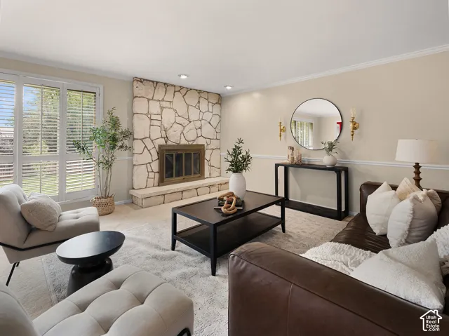 Floor-to-ceiling stone fireplace