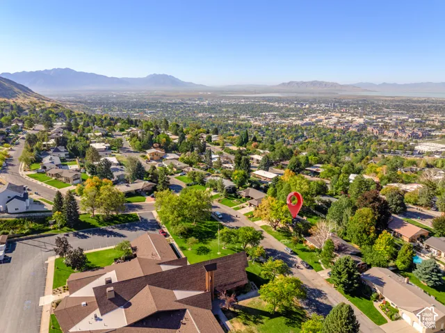 Aerial perspective showcasing the  tree-lined neighborhood