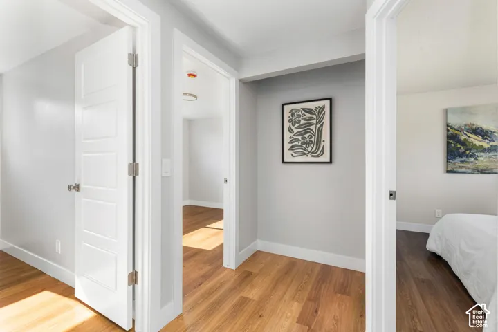 Wood-finish flooring throughout, white trim, and white panel doors