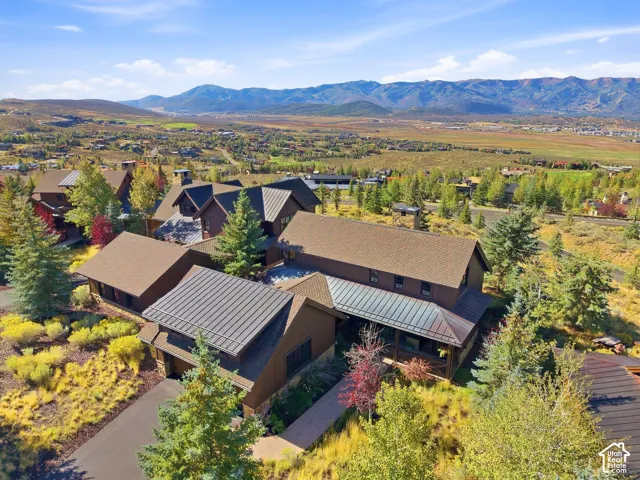 Multi-structure residential property featuring dark wood siding, metal roofing, stone exterior accents, and an expansive mountain landscape backdrop
