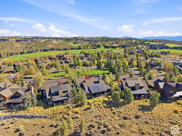 Aerial perspective featuring mountain terrain, coniferous trees, and hillside residences with metal roof pitches and masonry chimney stacks